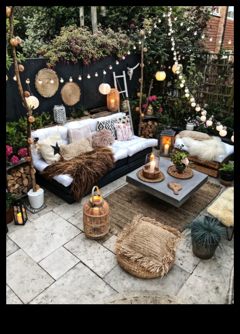 Vai ir kādi unikāli ieteikumi āra atpūtas zonas dekorēšanai ar Boho pieskārienu?