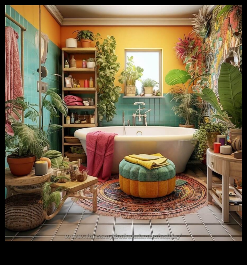 Boho vannas istabas dekors ar košiem rakstiem